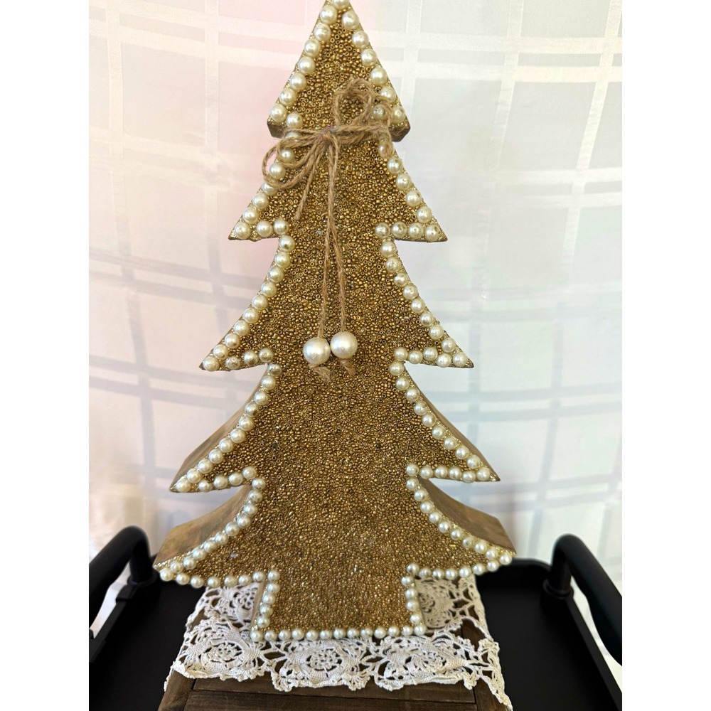 Gold Beaded Christmas Tree Figurine w/ Pearl Trim Wood Decor Freestanding 15"